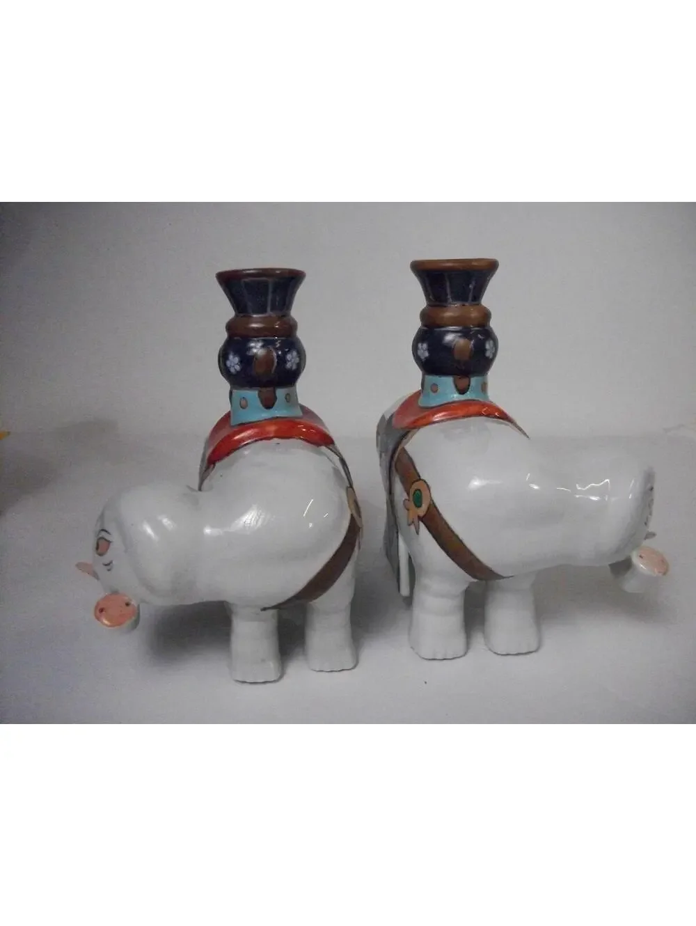 Vintage Pair Of 1970s Chinoiserie Ceramic Porcelain Elephant Candleholders